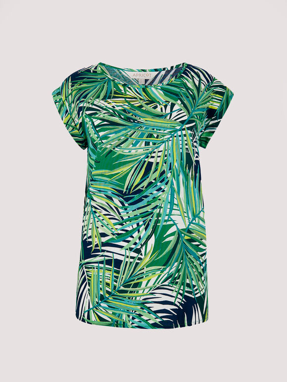 Tropical Palm Print Woven T-Shirt, Navy, large
