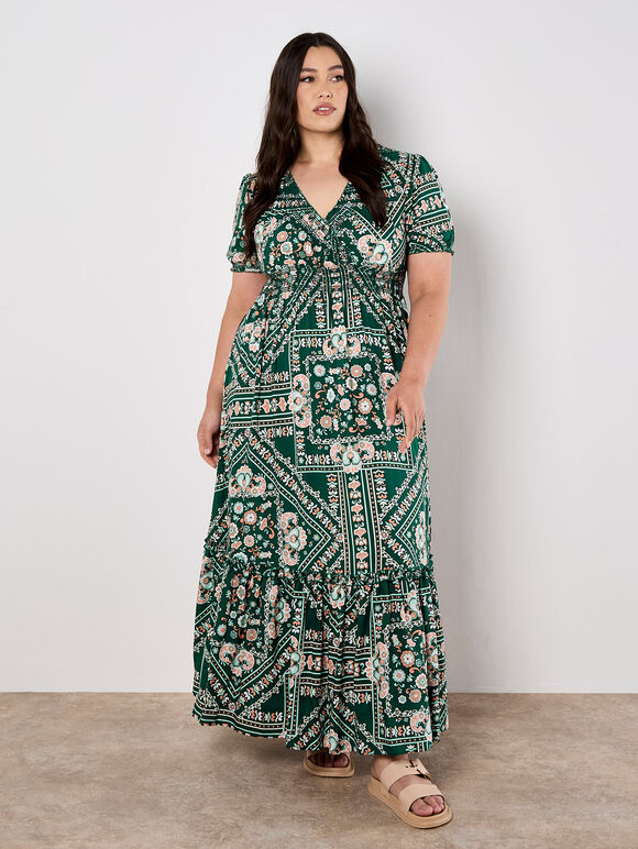 Scarf Print Smocked Maxi Dress, Green, large