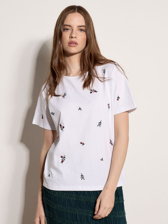 Floral Embroidered Cotton T-Shirt, White, large