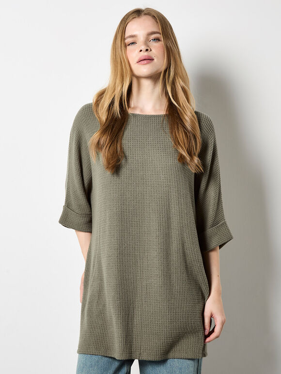 Soft-Touch Batwing Waffle Knit Top, Khaki, large