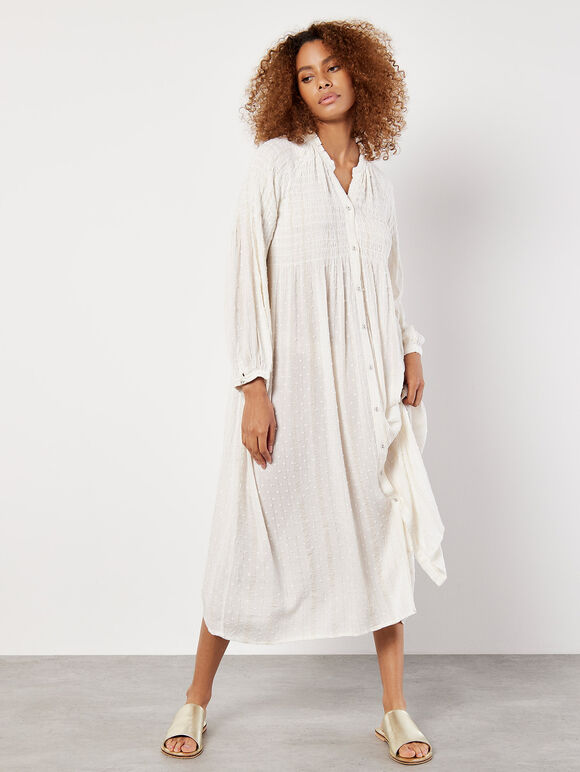 Shimmer Stripe Dobby Shirt Midi Dress, White, large
