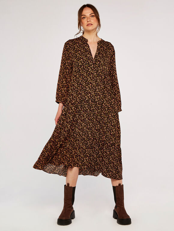 Ditsy Midi Dress, Black, large