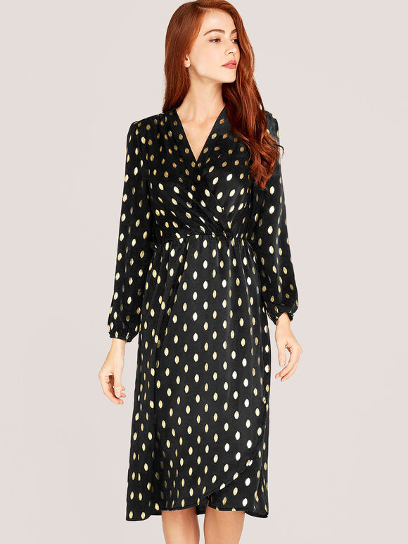 Metallic Gold Spot Midi Dress, Black, large