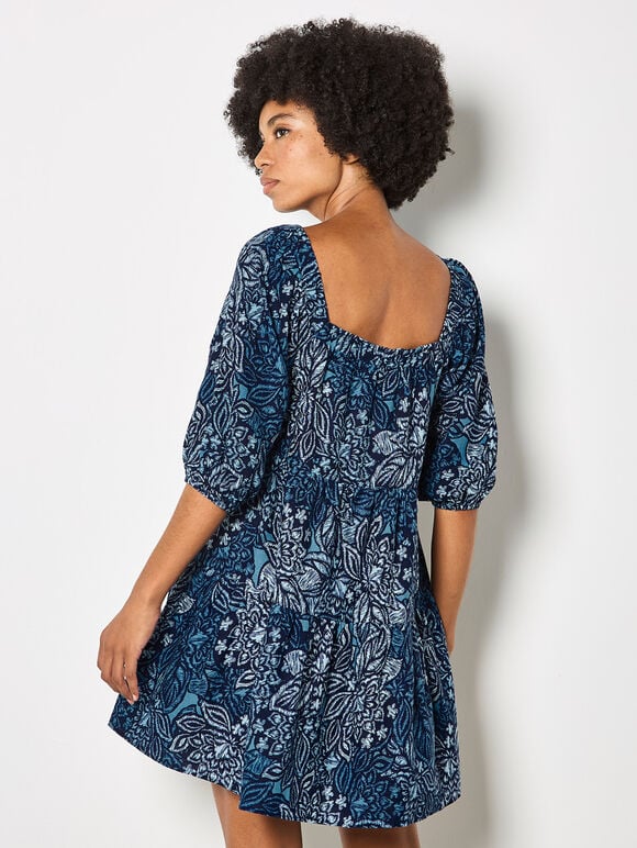 Floral Print Tiered Mini Dress, Navy, large