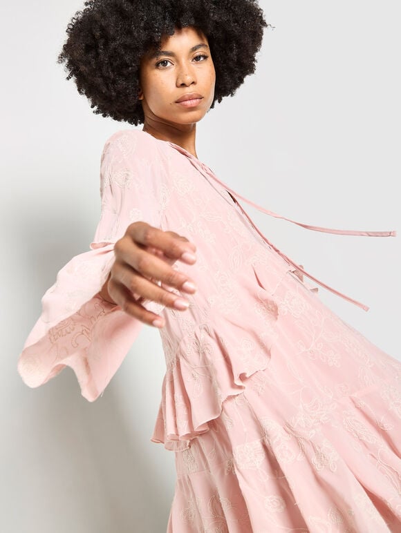 Chiffon Floral Embroidered Mini Dress, Pink, large