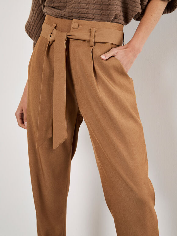 Paperbag Twill Straight Leg Trousers, Brown, large