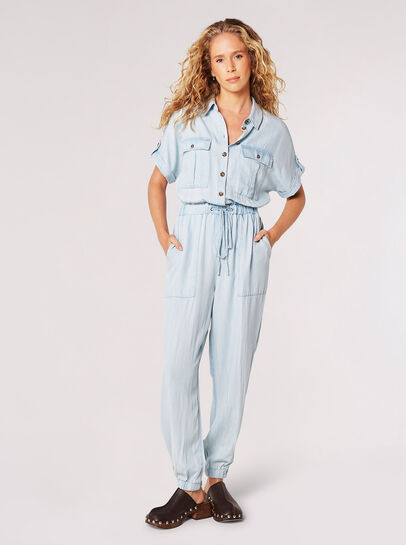 Mid-Wash Denim Utility Jumpsuit