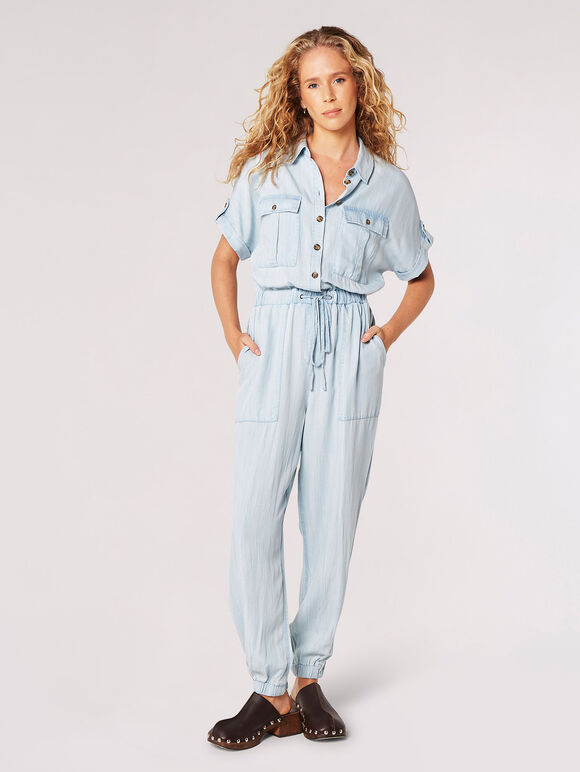 Light Denim Utility Jumpsuit, Sky Blue, large