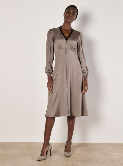 APRICOT, Lace Trim Satin Midi Dress