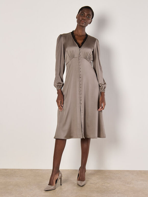 Lace Trim Satin Midi Dress, Grey, large