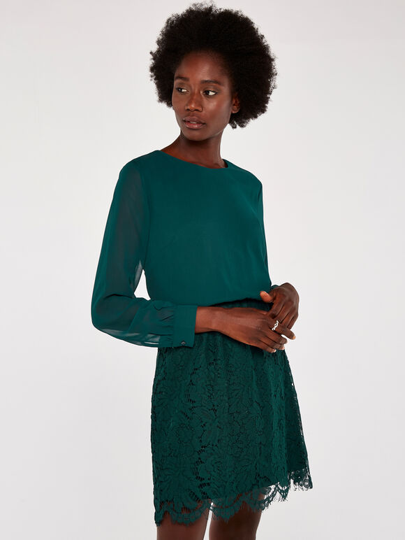 Chiffon Top and Lace Skirt Dress, Green, large