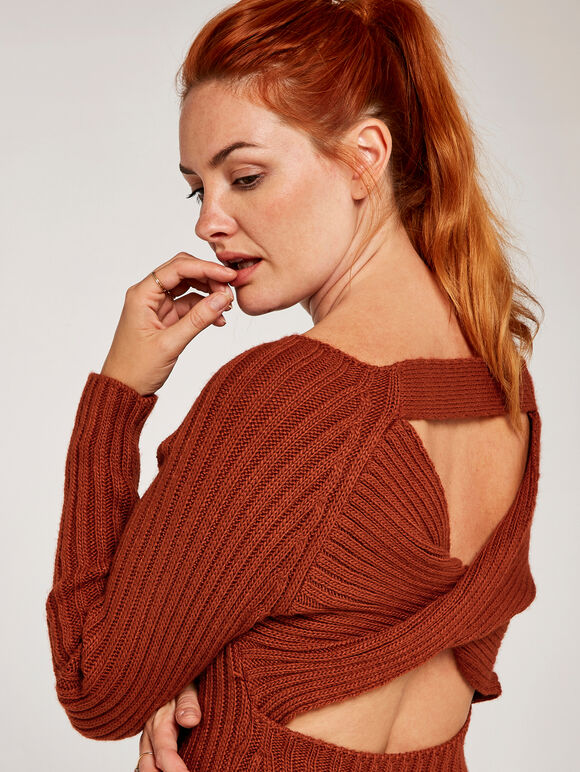 Ribbed Knit Open Back Dress, Rust, large