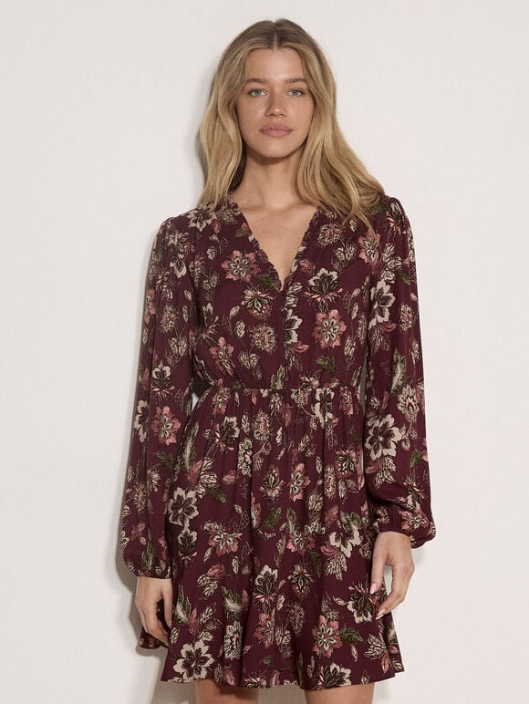 Folk Floral Mini Dress, Burgundy, large