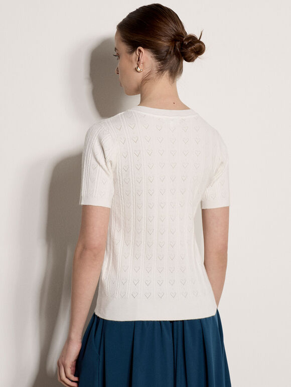 Pointelle Hearts Knitted T-Shirt, White, large
