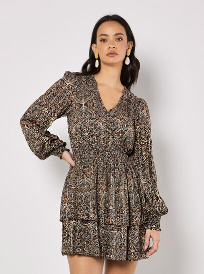 Batik Print Tiered Mini Dress