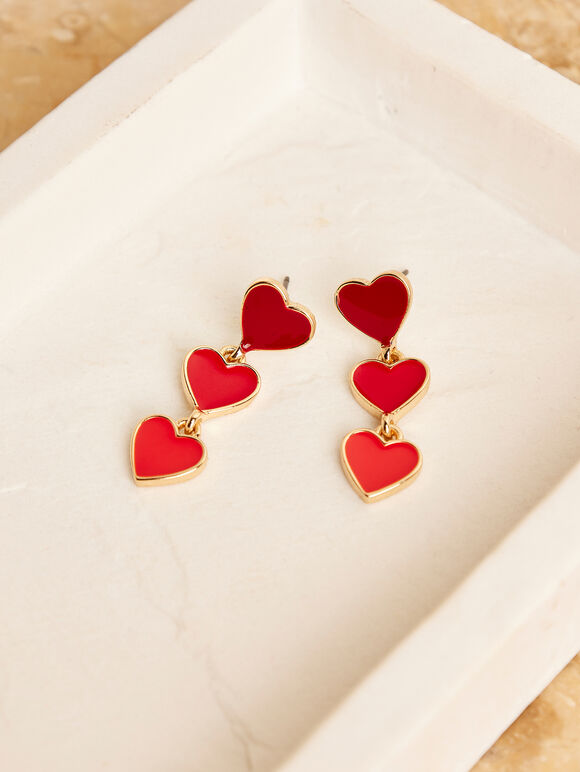 Gold Tone Heart Drop Earrings, Red, large