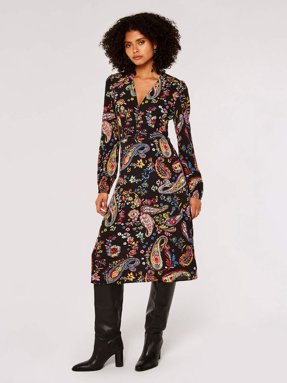 Colourful  Paisley Midi Dress, Black, large