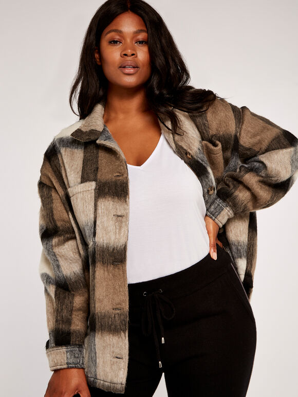 Curve Soft Check Shacket, Stone, large