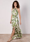 Tropical Leaf Satin Halter Neck Maxi Dress, Stone, large