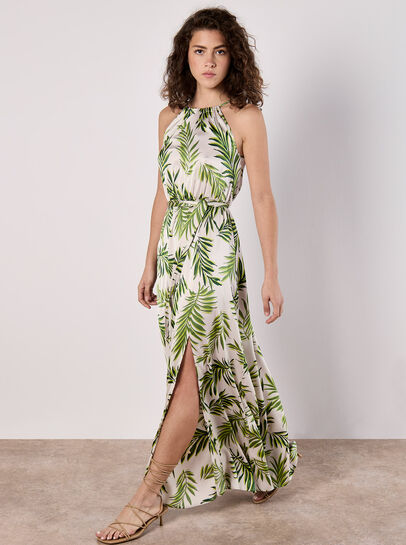 Tropical Leaf Satin Halter Neck Maxi Dress
