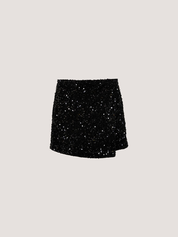 Velvet Sequin Mini Skort, Black, large