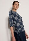 Textured Check Ruched Batwing Top, Navy, large
