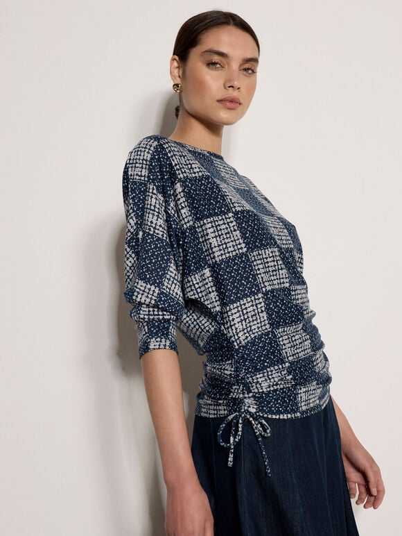 Textured Check Ruched Batwing Top, Navy, large