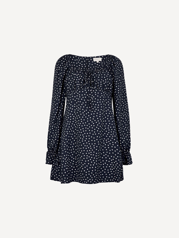 Polka Dot Milkmaid Mini Dress, Navy, large
