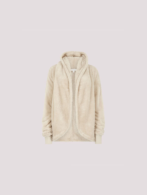 Fleece Waterfall Hooded Cardigan, Stone, large