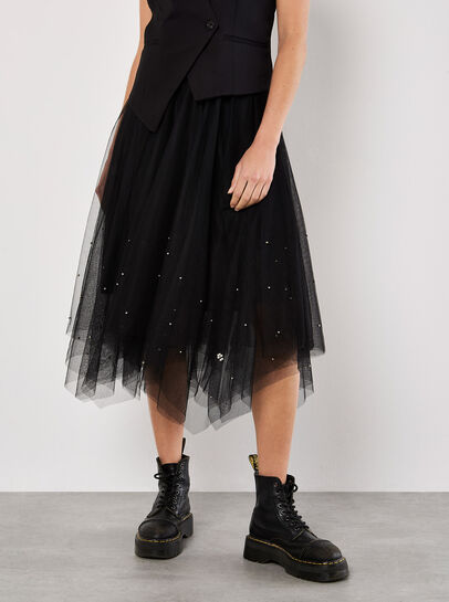 Pearl Embellished Tulle Midi Skirt