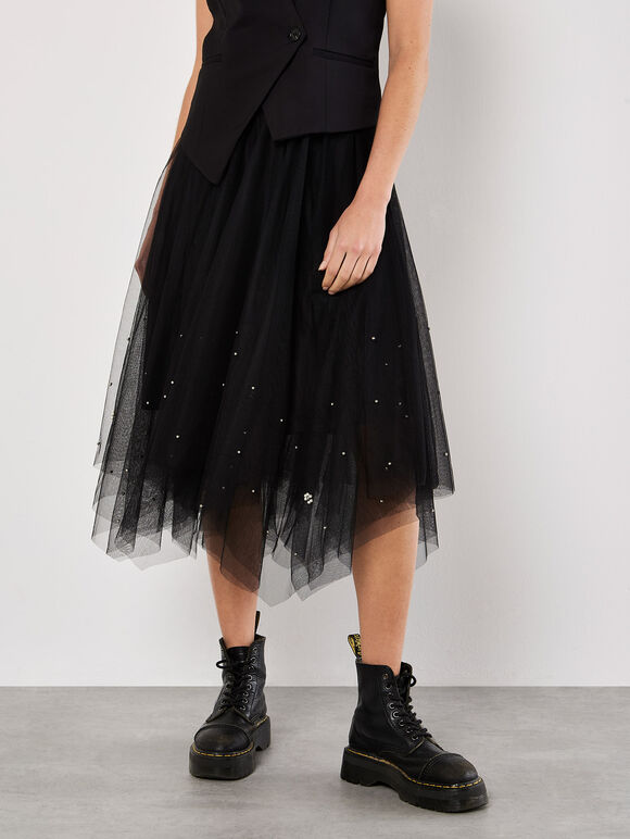 Pearl Embellished Tulle Midi Skirt, Black, large