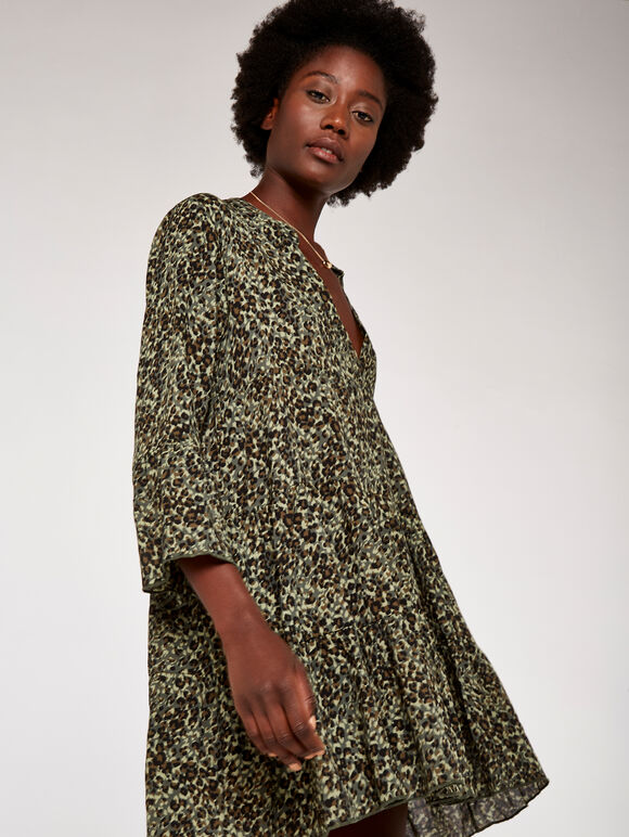 Camo Look Print Tiered Dress, Khaki, large
