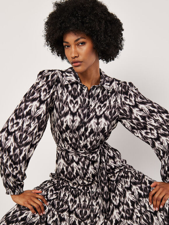Ikat Tiered Shirt Midi Dress, Dark Grey - Charcoal, large