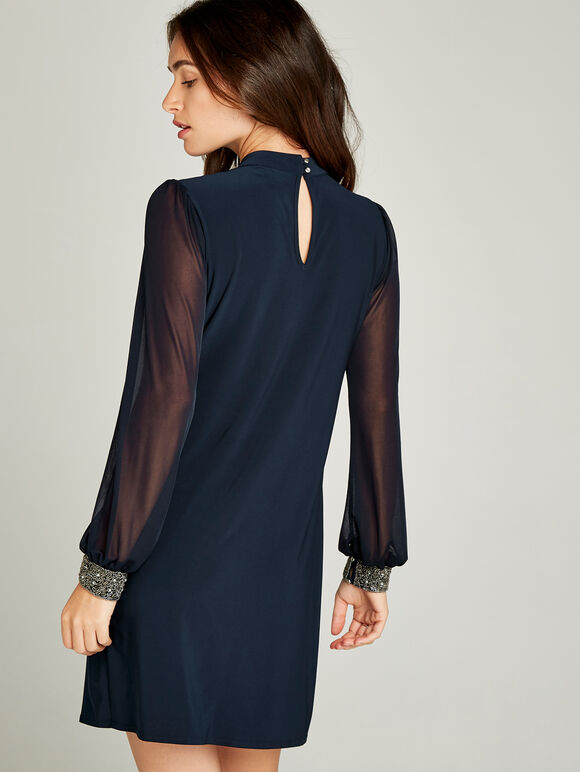 Sheer Sleeve Bead Cuff Shift Dress, Navy, large