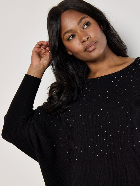 Curve Rhinestone Embellished Batwing Jumper, Black, large
