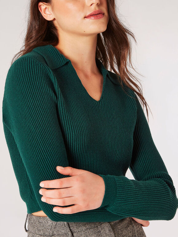 Cropped Ribbed Jersey Knit Jumper, Green, large