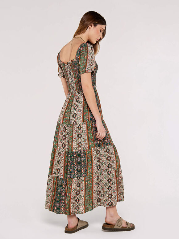 Paisley Patchwork Smocked Maxi Dress, Green, large