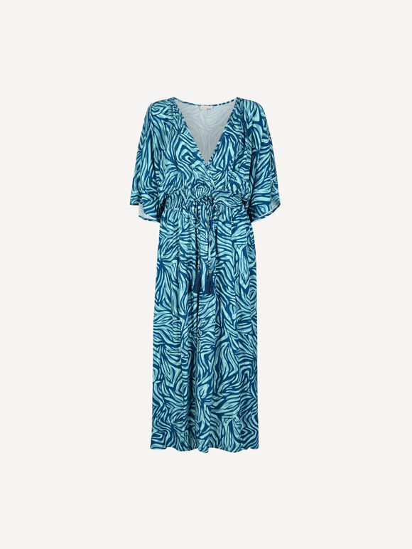 Zebra Print Kimono Midi Dress, Teal, large