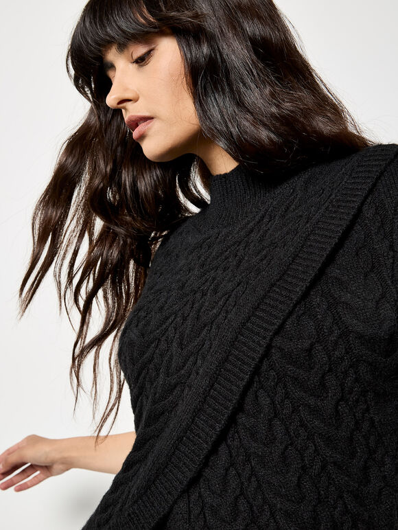 Cable Knit Wrap Jumper, Black, large