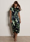 Tropical Leaf Satin Shirt Midi Dress, Navy, large