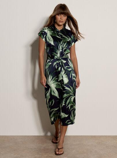 Tropical Leaf Satin Shirt Midi Dress
