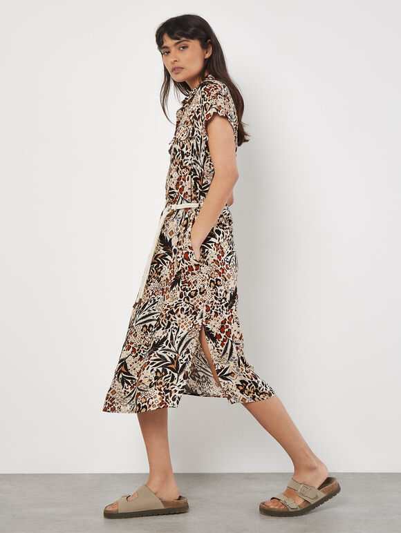 Mixed Animal Print Shirt Midi Dress, Stone, large