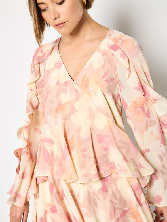 Floral Chiffon Ruffle Mini Dress, Pink, large