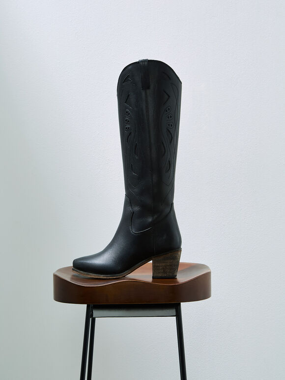 Tall Leather Cowboy Boots, Black, large