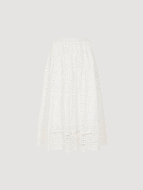 Broderie Cotton Crochet Midi Skirt, White, large