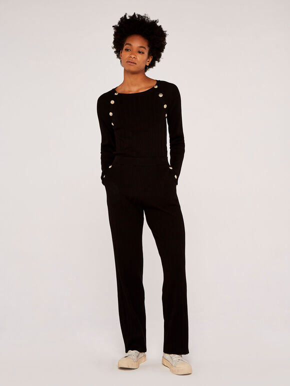 Ribbed Jumper with Gold Buttons, Black, large