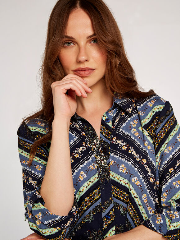 Scarf Print Shirt Dress, Navy, large