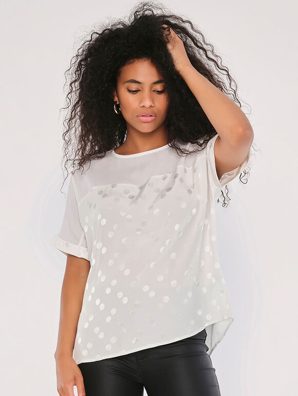 Jacquard Spot Turn Up Slv Top, Cream, large