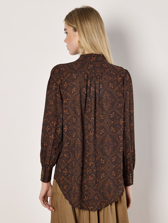 Mosaic Print Chiffon Ruffle Blouse, Brown, large