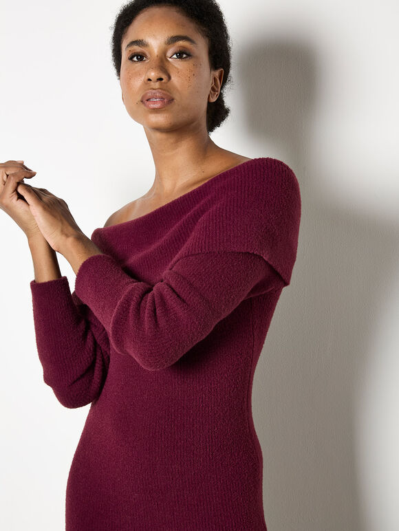 Fluffy Bardot Midaxi Dress, Burgundy, large